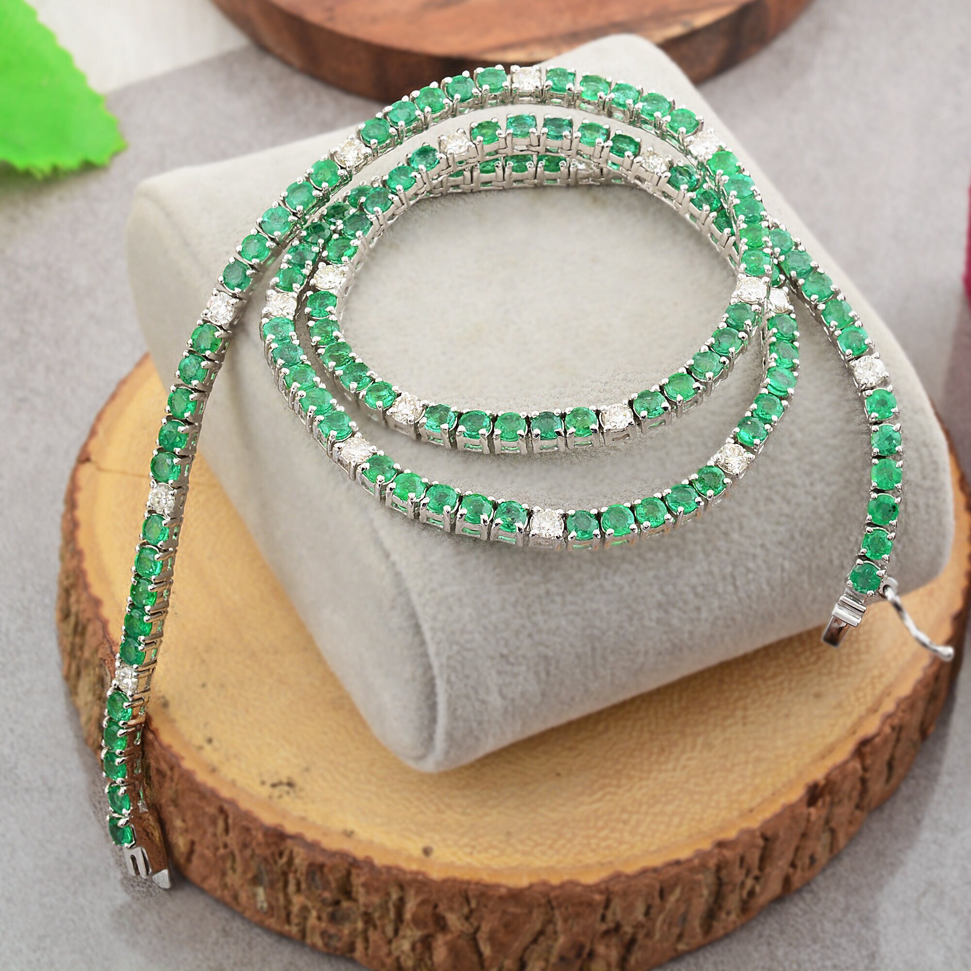 10K White Gold, Natural Emerald Round Cut Gemstone, Handmade Diamond Tennis Necklace, Gift For Her, Luxury Necklace 16 Inch Chain