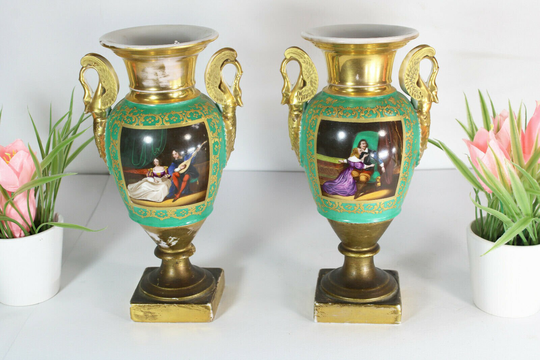 Antique Pair 19Thc Vieux Paris Porcelain Vases Hand Paint Swan Handles