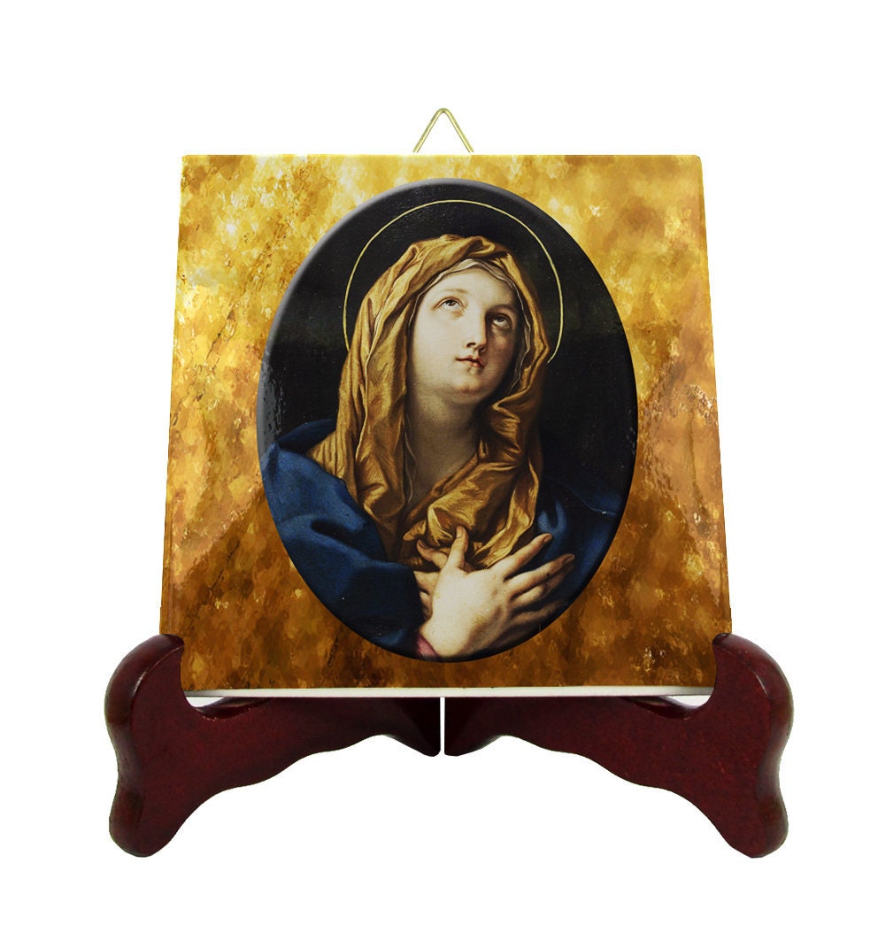 Catholic Gifts - Virgin Mary in Prayer Religious Icon On Tile Blessed Mother Devotional Image Christian Decor
