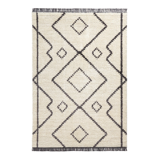 Black and Ivory Diamond Moroccan Style Shag Medina Area Rug: White - Polyester by World Market