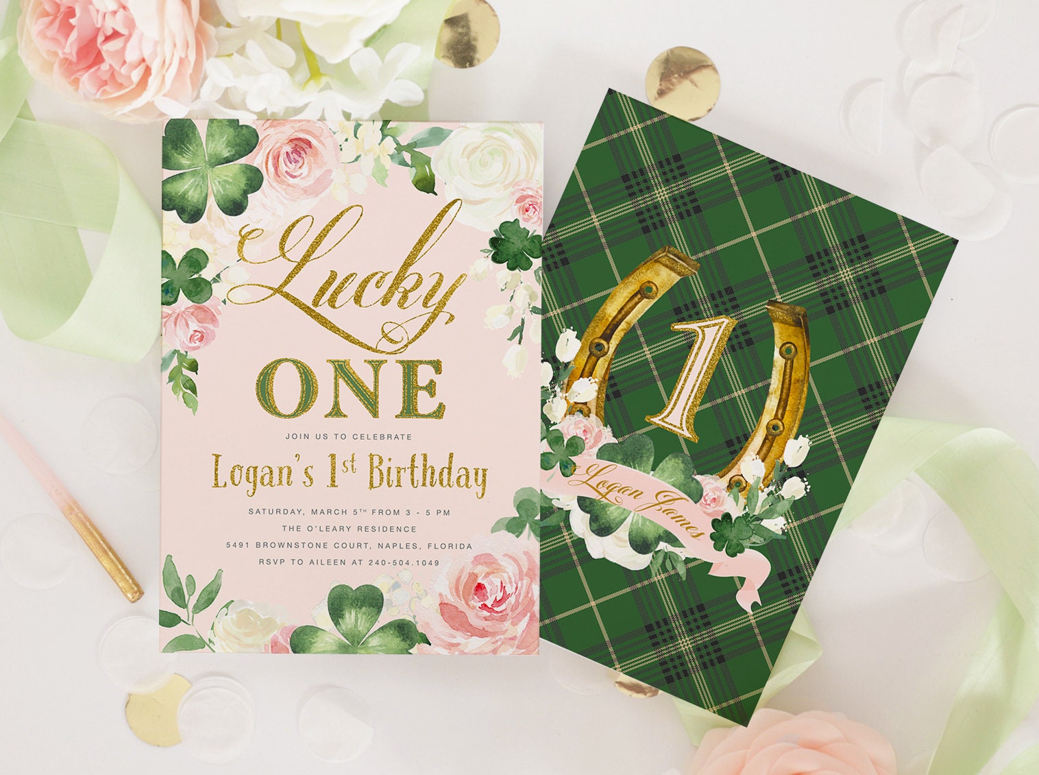 Lucky One, Girl 1St Birthday Invitation, St. Patty's Day First Invite, Patrick's Birthday, Shamrocks & Rainbow - Kelly