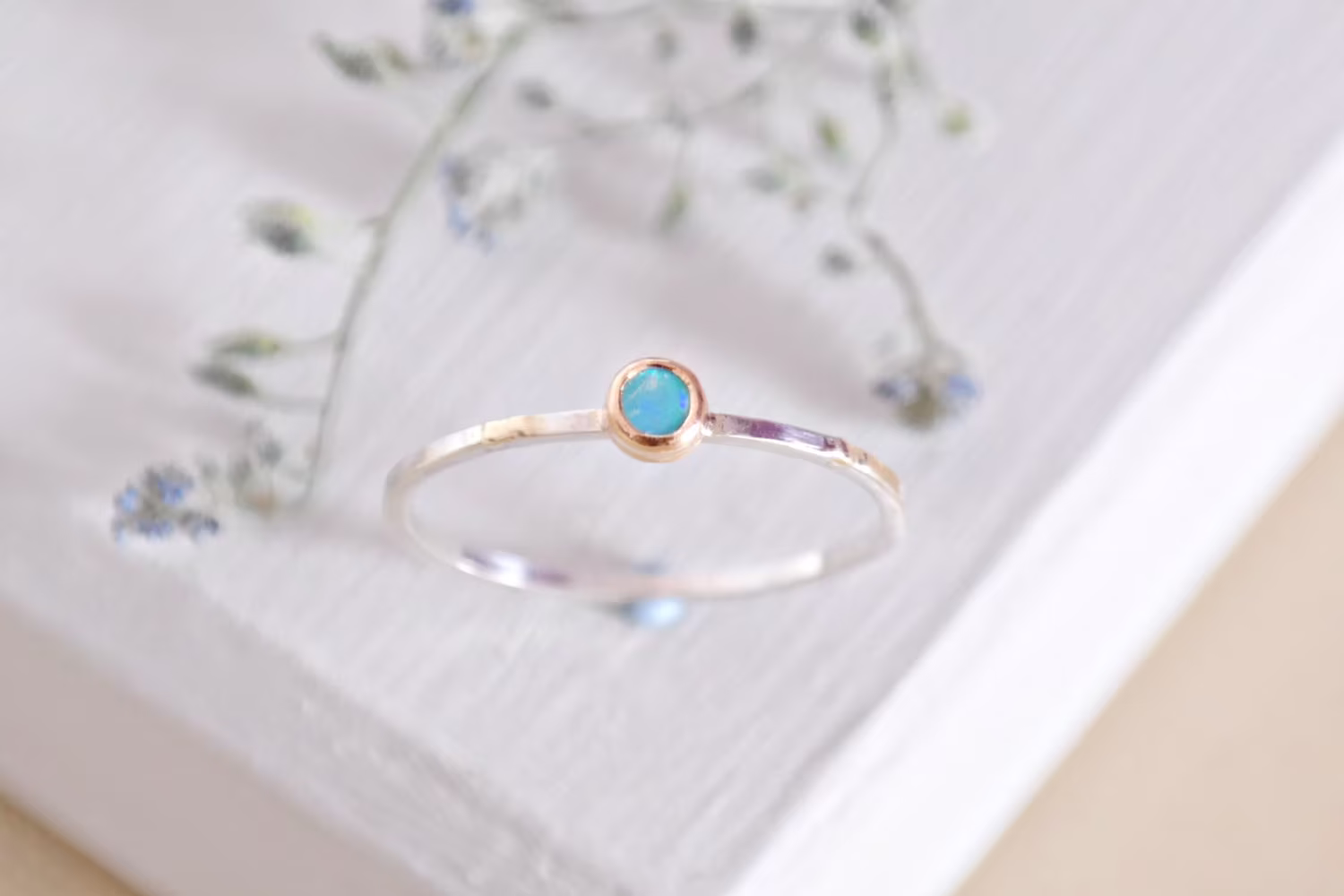 sterling Silver Opal Ring, Blue Minimalist 9K Gold, October Birthstone Ring