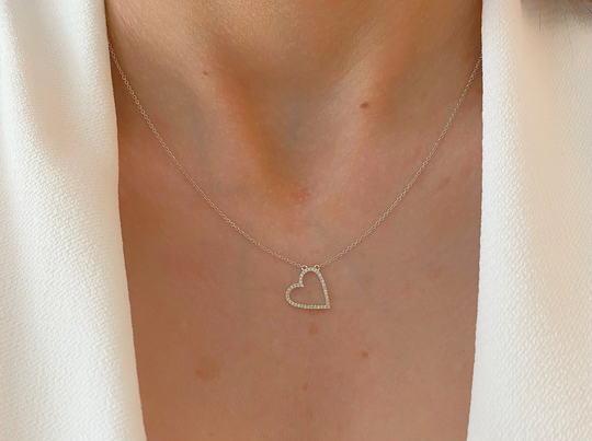Diamond Heart Necklace| 14K Solid White Gold Open Necklace Micro Pave Setting .011Ct