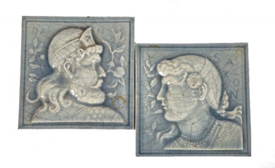 Hard To Find 19Th Century Antique American "Dane" & "Saxon" Figural Tile Set With Richly Mottled Light Blue Finish