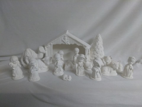 Child Christmas Nativity 16 Piece Set Ceramic Bisque, Ready To Paint