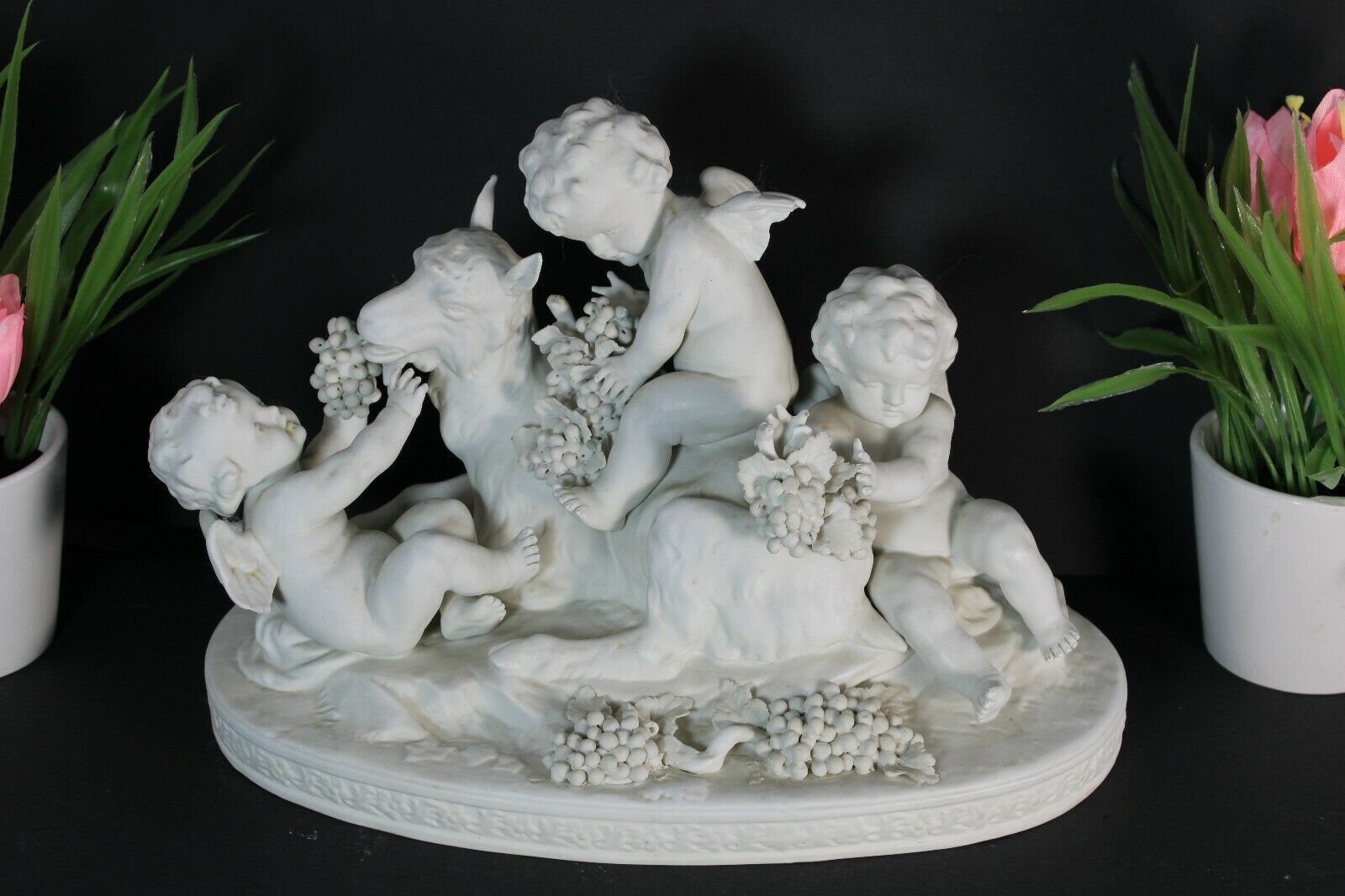 Antique German Sitzendorf Marked Bisque Porcelain Putti Cherub Ram Group Statue