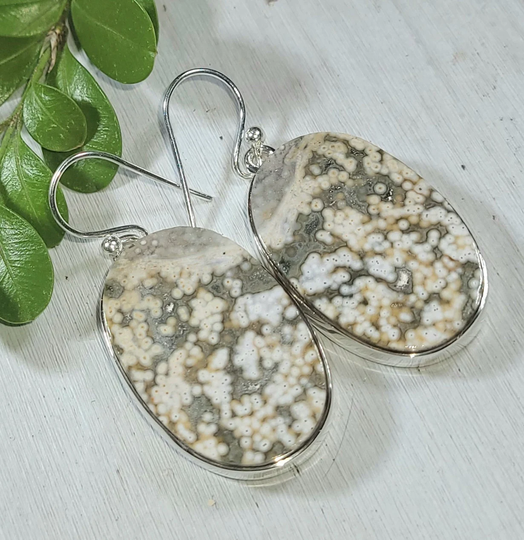 Natural Premium Grade Ocean Jasper Oval Handmade .925 Sterling Silver Earrings 14 Grams 1 3/4" X Ar30