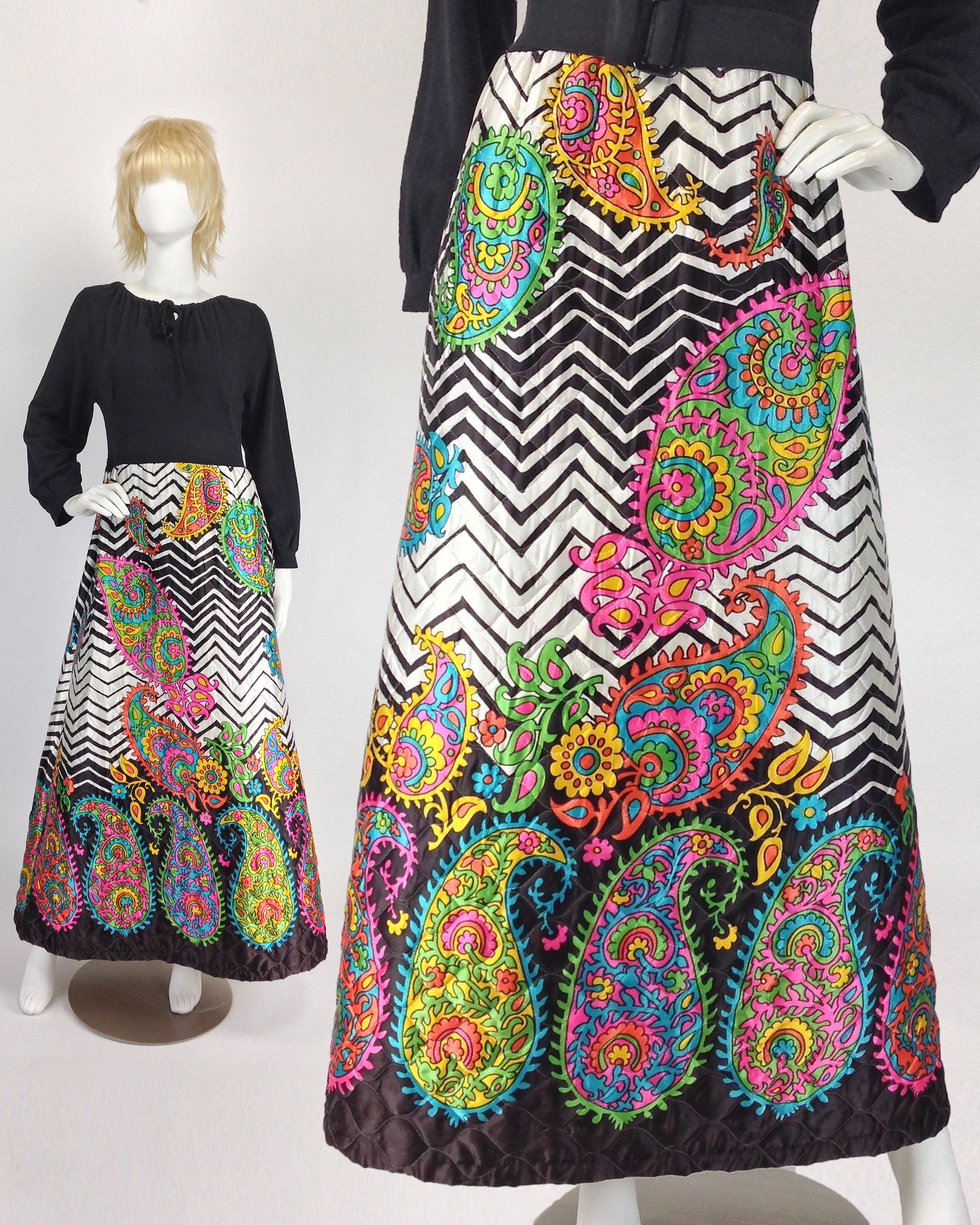 60S Psychedelic Dress, Long House Vintage 70S Quilted Maxi Aesthetic Clothing, Medium Large, Size 10 12 14 Us, 16 18 Uk