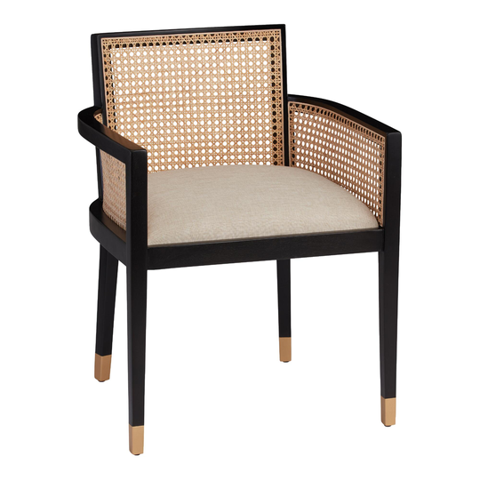 Black Wood And Cane Back Fynn Dining Armchair: Black/Natural/Gold - Fabric by World Market