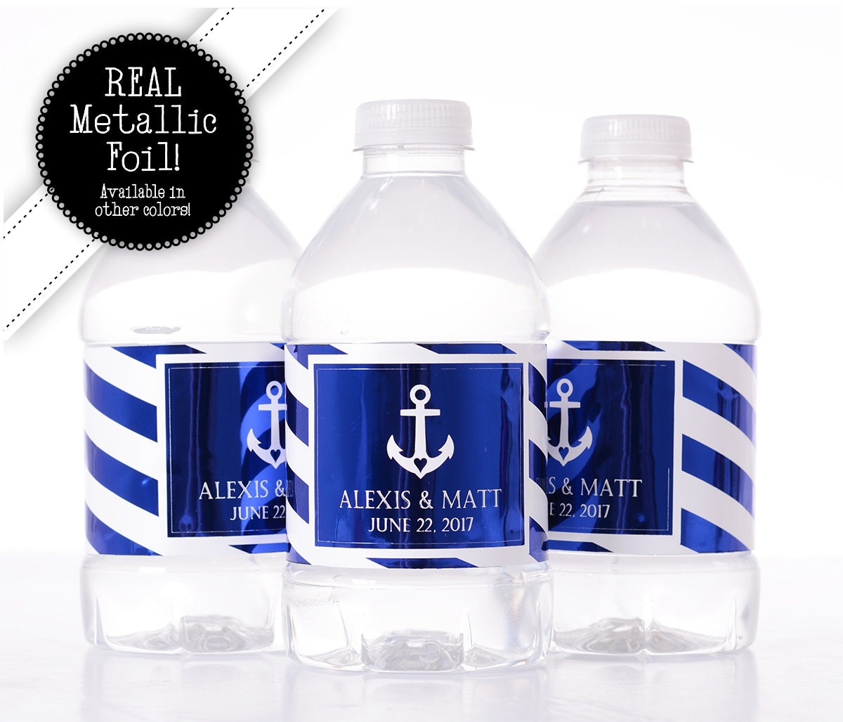 Cobalt Foil Nautical Wedding Water Bottle Labels - Real Metallic Foil Shiny #wdiw-113