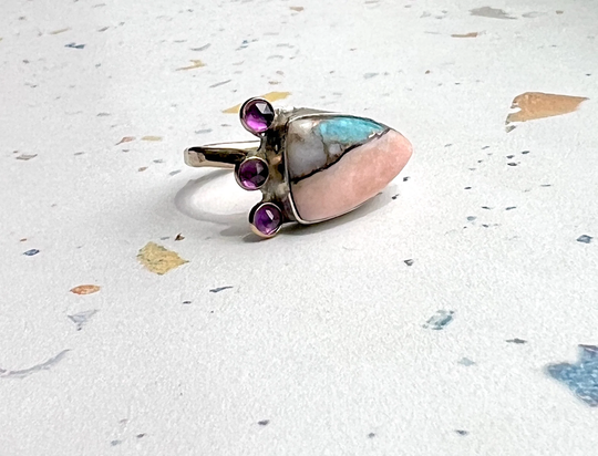 Pink Opal Turquoise Copper Ring With Three Amethysts