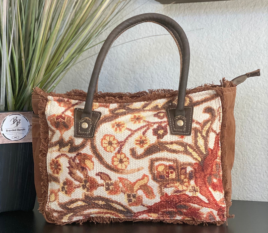 Blazing Fire | 1 Shoulder Hand Bag Fringe Copper Canvas Leather Top Handle Purse Tote