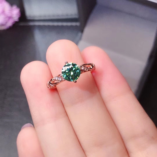 Green Moissanite Ring 1Ct D Color, Sterling Silver & 18K Rose Gold Plated Custom Engraved Anniversary Gift, Promise Ring