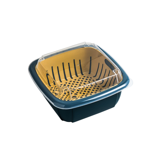 Double Layer Kitchen Fruits Vegetables Washing Drain Storage Basket with Lid - yellow