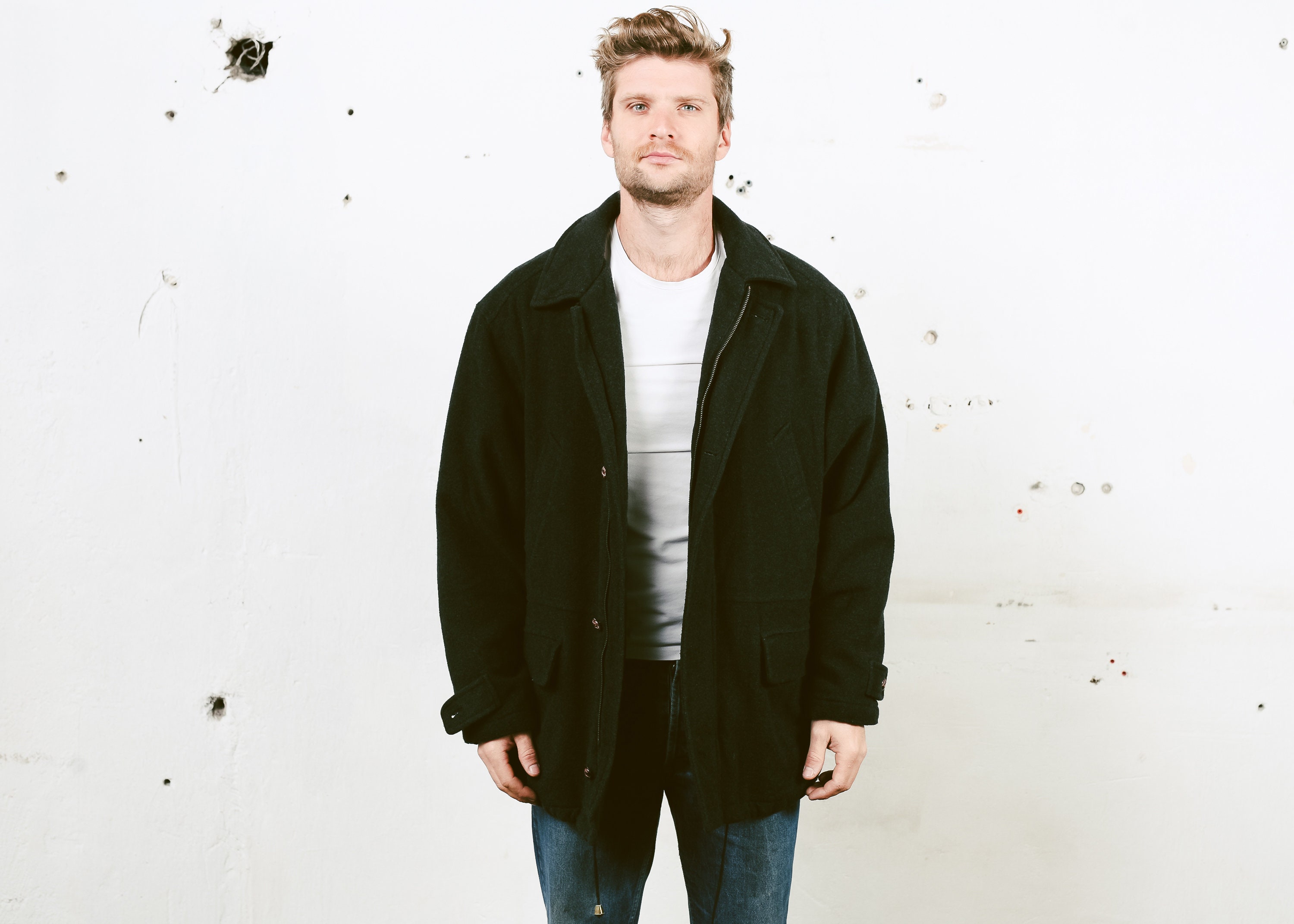 Grey Wool Blend Parka Coat . Vintage 90S Insulated Jacket Oversized Men's Long 1990S Outerwear Size Extra Large Xl