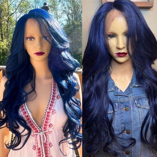 Long Wavy Dark Blue Human Hair Blend Front Lace Daily Wig./Cosplay Party
