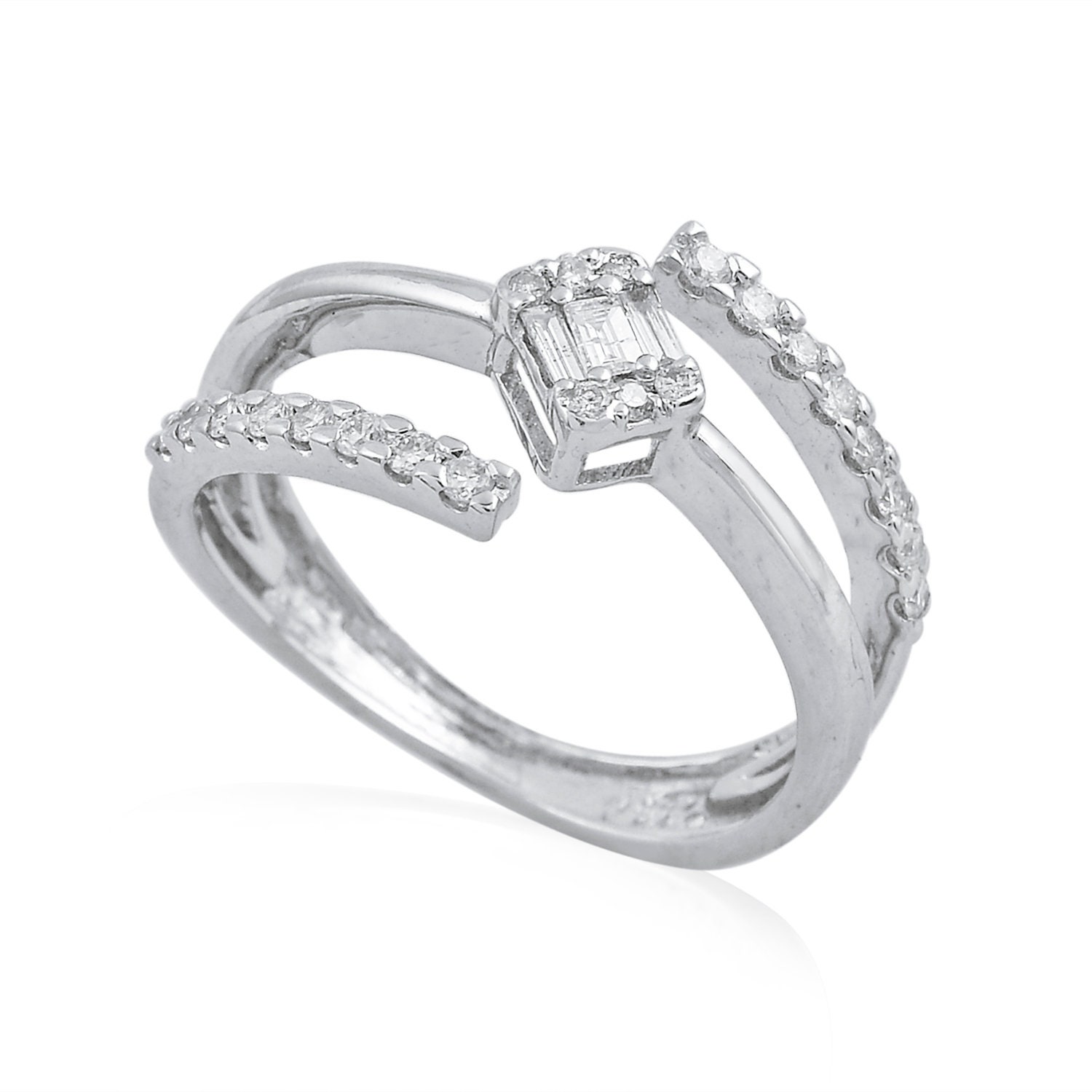 Natural Baguette & Pave Diamond Bypass Ring 18K White Gold Si Clarity Hi Color Certified Diamonds Jewelry, Engagement Ring, Vintage