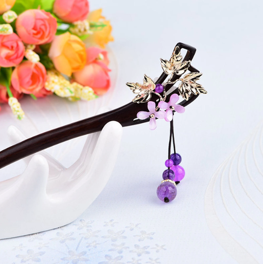 Vintage Wood Hair Stick Purple Flower Pins