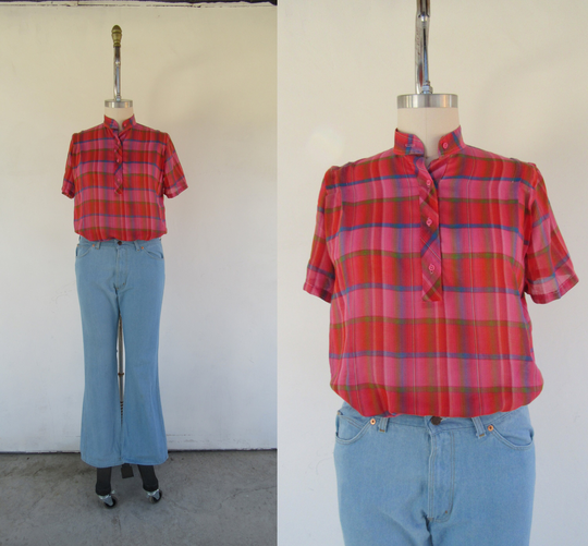 Plus Size 80S Plaid Cotton Blend Boxy Fit Blouse | Madras Button Yoke 1980S Top Shirt 1x Size 16