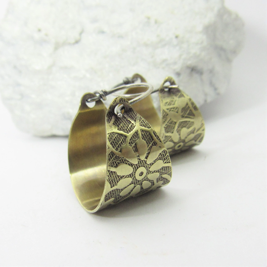 Small Floral Brass Hoops, Flower Pattern Basket Hoop Earrings With Sterling Silver Ear Wires