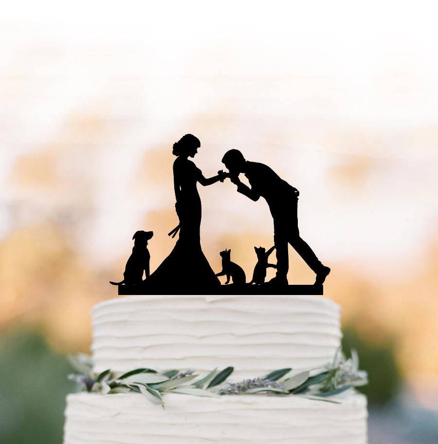 Wedding Cake Topper Dog & 2 Cats, Bride Groom For , Silhouette Cake Toppers With Heart Decor