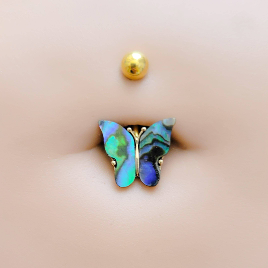 Butterfly Belly Button Ring Abalone Navel Stud Surgical Steel 14 Gauge Curved Bar Colorful Body Jewelry