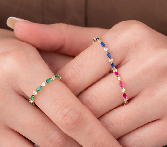 Marquise Band Ring, Colorful 14K Solid Gold Eternity, Wedding Band, Dainty, Engagement, Gift For Her, Anniversary