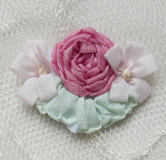 2 Pc Set Vintage Chic Rose Pink Silk Ribbon Embroidered Daisy Spider Flower Applique Christening Gown Baby Doll Hair Bow