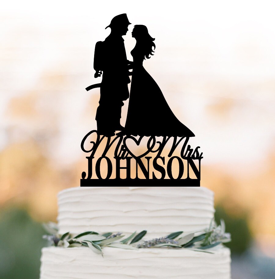 Personelzed Fireman Wedding Cake Topper Groom Letter, Bride Silhouette, Funny Mr And