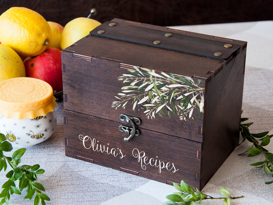 Wooden Recipe Box 4x6 Or 5x7 Olive Branch Moms Birthday Gift Personalized Card Wedding For Daughter in Law Dividers