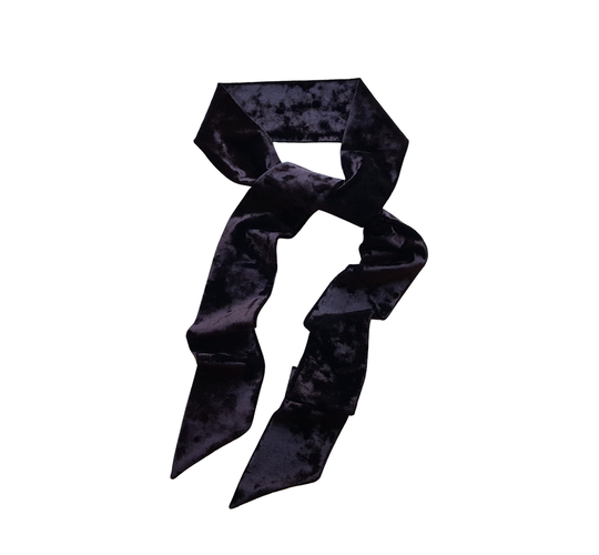Black Crushed Panne Velvet Long Skinny Scarf, Ponytail Neck Hair Headband Tie