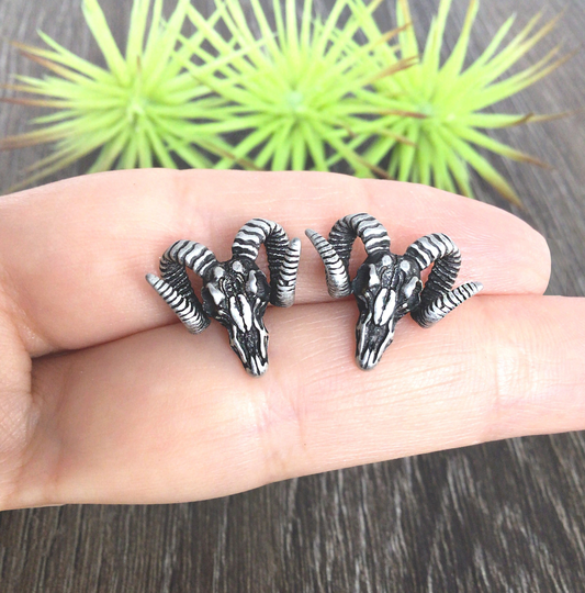 Ram's Skull Earrings, Studs, Gothic Gothic Animal Jewelry, Ram Mens Earrings
