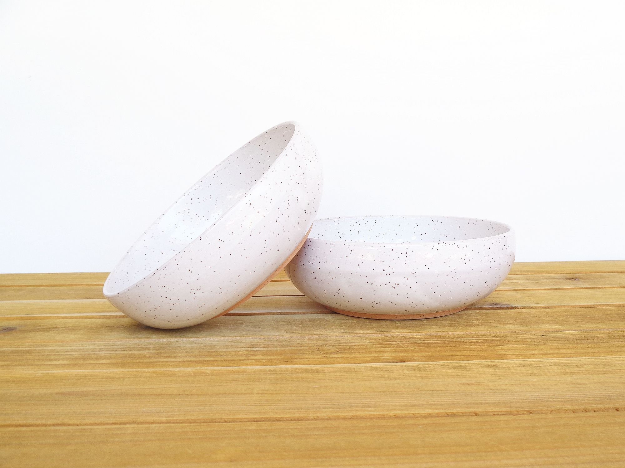 Glossy White Ceramic Soup Bowls, Rustic Speckled Stoneware Pottery - Set Of 2