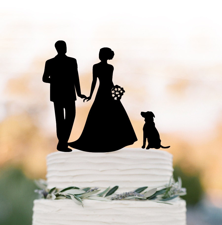 Wedding Cake Topper Silhouette, Family Topper With Bride & Groom , Funny Wedding Cake Dog, Anniversary