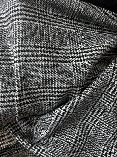 Tartan Fabric, Grey White Black Glen Plaid Check, Stretch Wool Blend Coating Woven in Italy, For Coat, Dress, Suit, Jacket, By 2.4 Meter