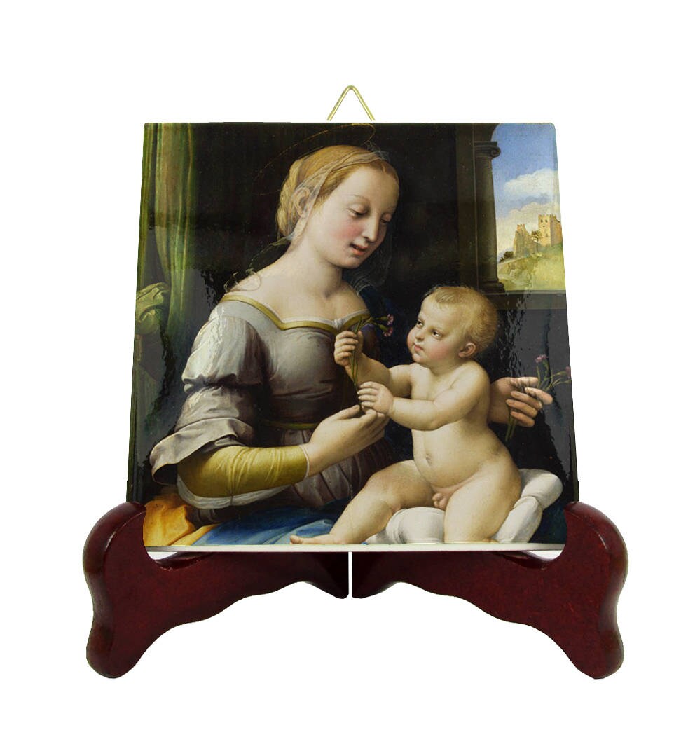 Religious Art - Madonna Of The Pinks By Raphael Devotional Icon On Ceramic Tile Mother Mary & Child Jesus