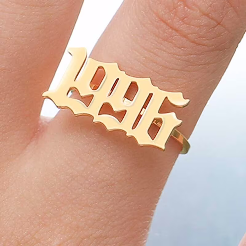 Personalized Name Old English Number Rings, Custom Numerals Ring, Font Monogram Signet Ring, Vintage Gothic Ring