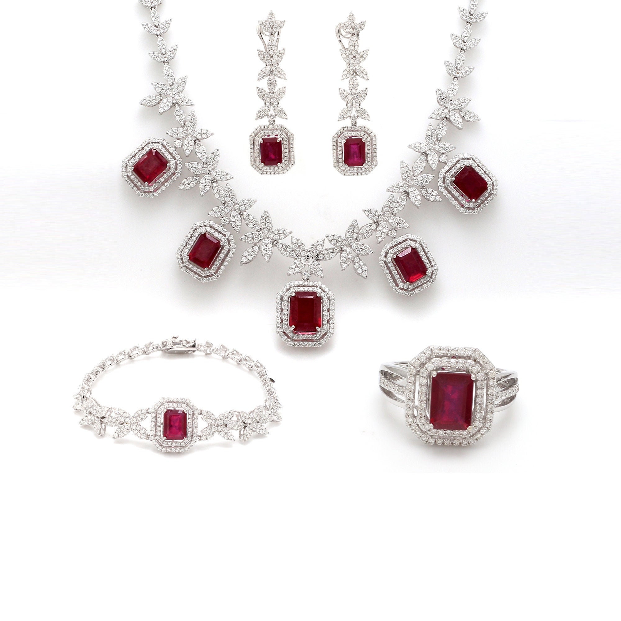 Natural Pave Diamond Ruby Necklace, Earrings, Bracelet & Ring Jewelry Wedding Sets 18K Gold Si Clarity Hi Color Diamonds Certified