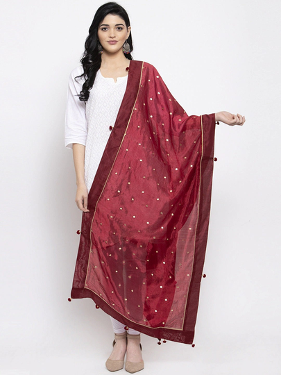Women's Silk Blend Maroon Woven Design Polka Dots Dupatta Free Shipping