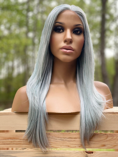 Human Hair Blend Wig Blue Preplucked Straight Layered 18" Lace Front