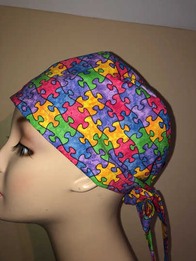 Tie Back Scrub Hat Autism Puzzle Adjustable Crna Cnor Dr Cap Surgeon
