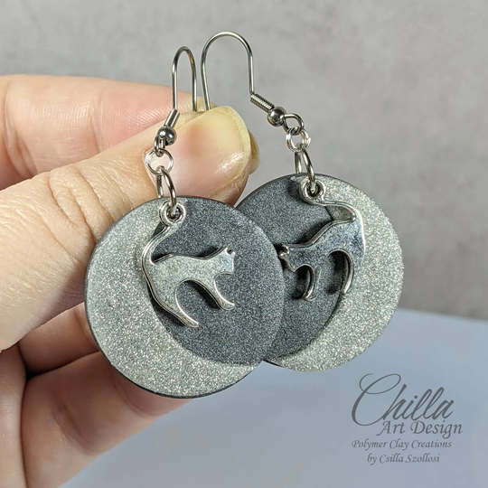 Cat & Moon Polymer Clay Earrings With Stainless Steel Wire, Witch Jewelry