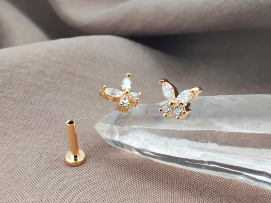 16G Cz Pair Gold Tiny Butterfly Cartilage Earrings, Tragus Stud Earring, Helix Labret