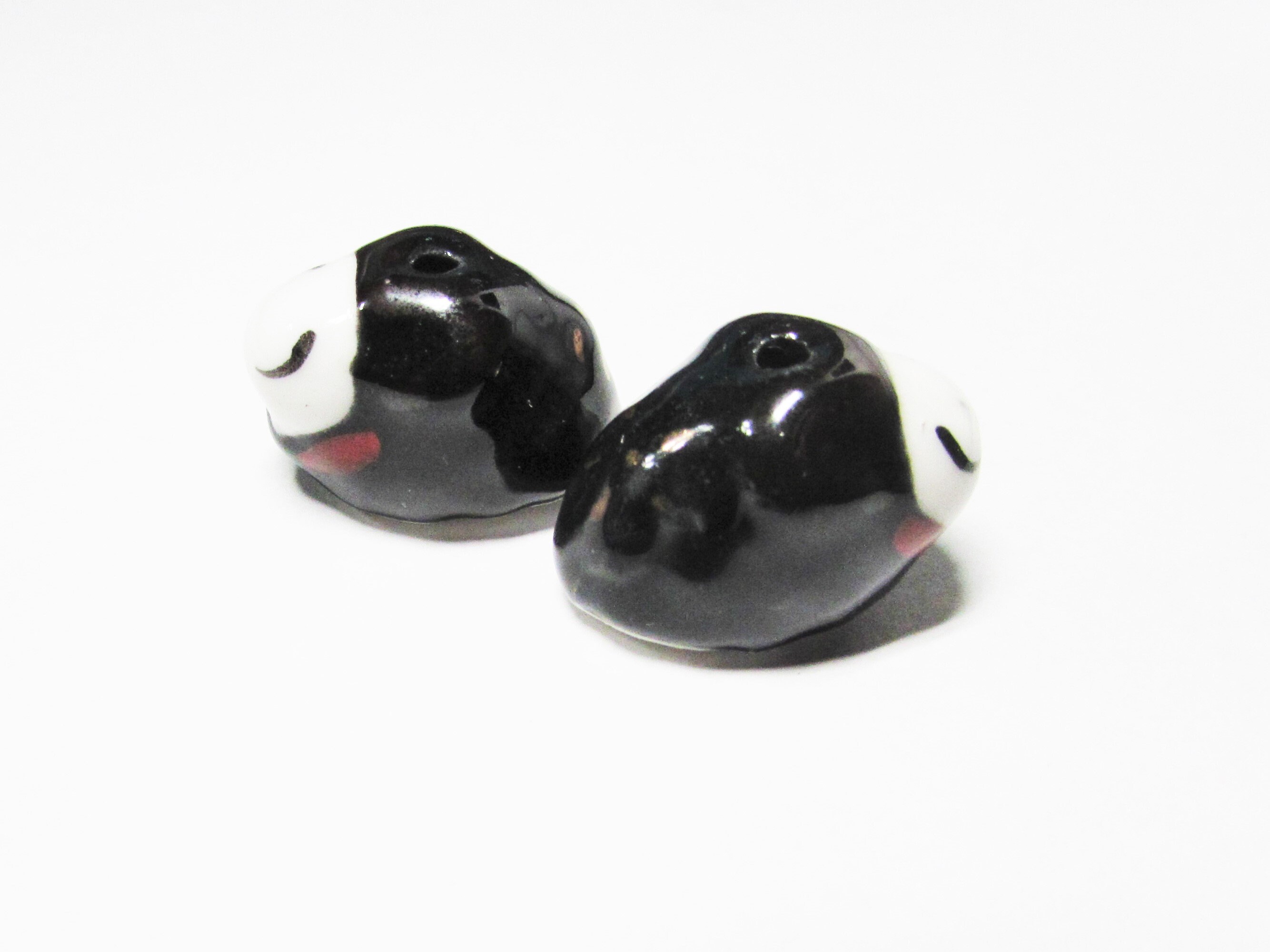 2 Pc - 19x12 Mm, Sheep, Black, White, Ceramic, Porcelain, Animal Beads, Beading Supplies, Hand-Painted, Handcrafted, Craft Supplies