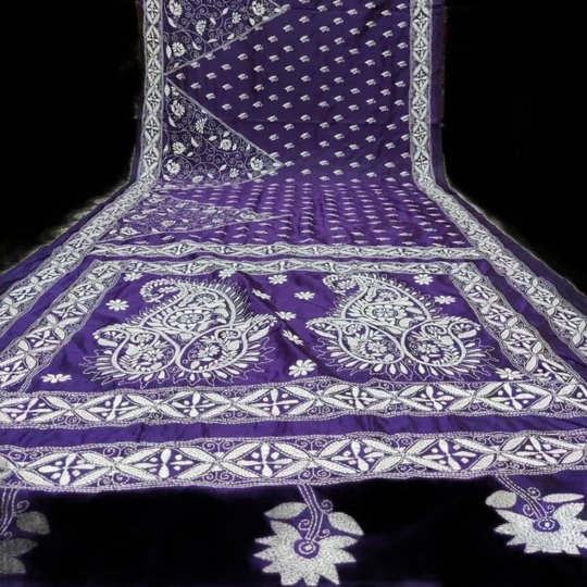 Hand Kantha Stitch Sari On Blended Bangalore Silk With Blouse Piece Handloom Saree