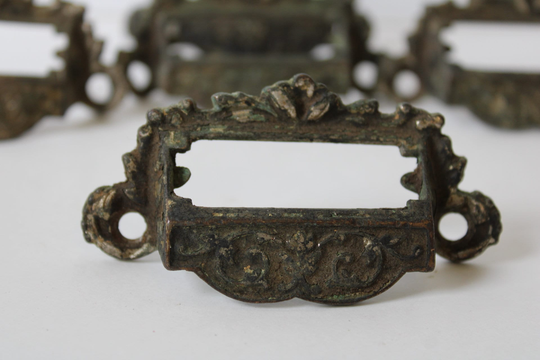 Antique Drawer Bin Pull with Label Bracket Card File Handle Eastlake Apothecary Library Architectural Salvage Restoration Supplies