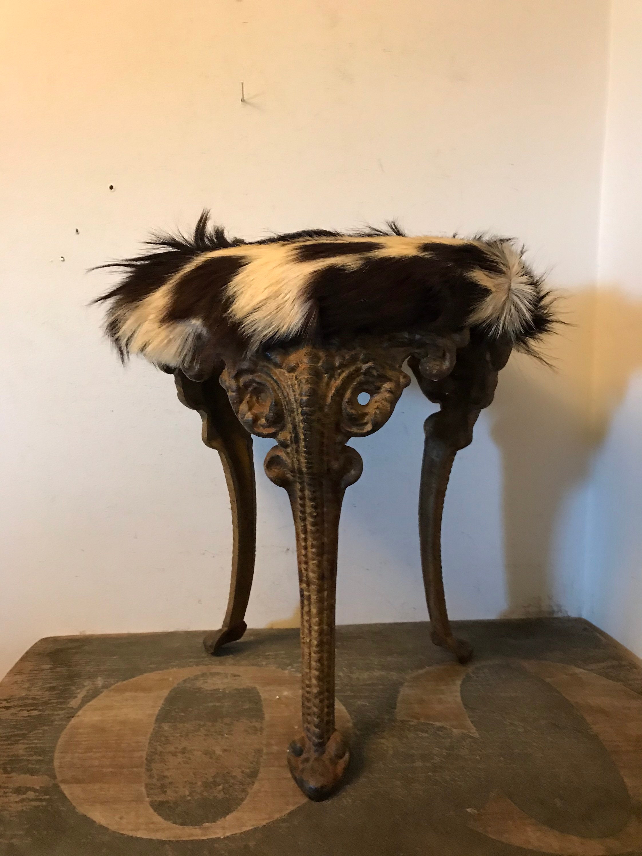 Antique Rams Head Stool Hide Ottoman Footstool Industrial Goat Hide