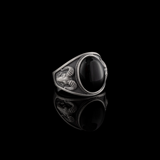 Ram Head Silver Men Ring, Black Onyx Oxidized Gemstone Aries Man Zodiac Husband Gift, Animal Ring