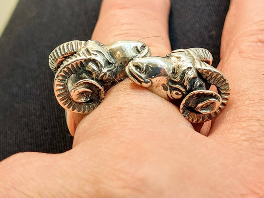Ram Head Ring, Sterling Silver Ram, Mother Of Pearl Double Ram Heads Ring