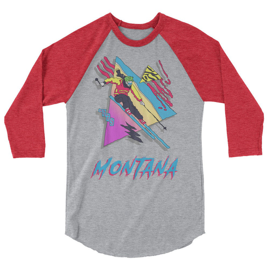 Skiing Shirt, Retro Ski Montana, Skier Gift, Vintage Big Sky Bozeman Mountain, Montana 3/4 Sleeve Raglan Shirt